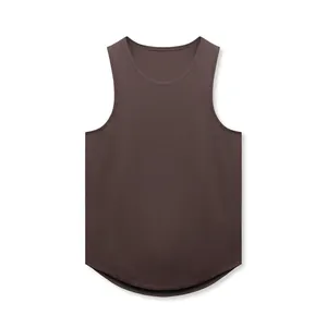 Detail of men's breathable mesh athletic tank top with curved hem in dark brown.