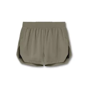 Detailed front view of men's olive green double-layer athletic shorts for gym training