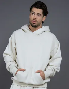 Men's oversized off-white fleece hoodie with drop shoulder and front pocket detail