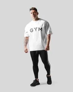 Men's loose fit white performance workout t-shirt with bold black GYM print for gym