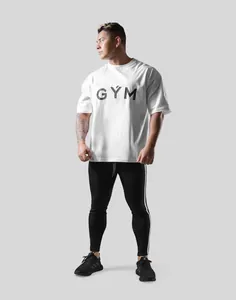 Oversized white fitness t-shirt with GYM print for men's bodybuilding and training.