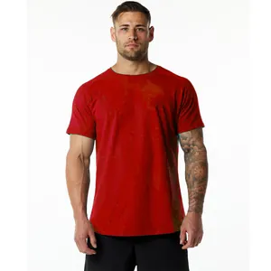 T-shirt de sport rouge pour hommes en coton à col rond pour l'entraînement fitness