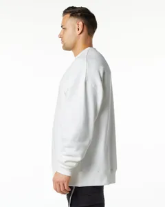 Detailed side view of a white oversized heavyweight fleece crewneck sweatshirt for men