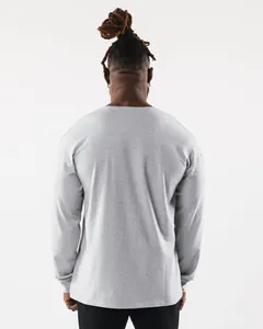 Rückansicht eines locker sitzenden grauen Sport-Langarmshirts für Herren zum Fitnesstraining.