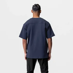 Professional back view of men's loose navy blue cotton sports t-shirt with short sleeves