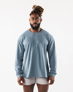 Lockeres, schieferblaues Langarm-Sport-T-Shirt für Herren für Fitness und Laufen