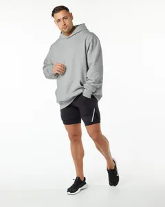 Premium quality detail view of a men's heavyweight loose grey hooded sweatshirt for activewear.