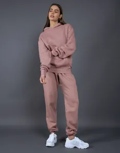 Full-length view of dusty rose oversized 400G fleece hoodie and jogger set for women