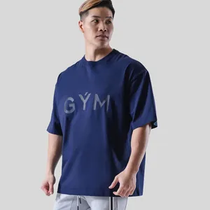 Men's oversized navy blue fitness t-shirt with GYM chest print for workout training