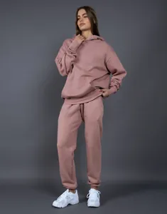 Detailed shot of heavy 400G dusty pink fleece hooded sweatshirt and matching joggers set