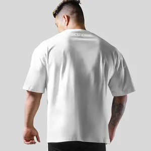 White oversized men's fitness t-shirt with back logo for workout, main back view