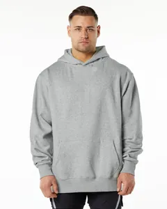 Men's heavyweight grey fleece pullover hoodie with kangaroo pocket in relaxed fit