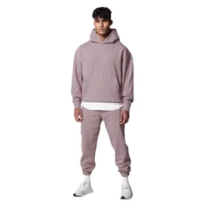 Men's loose American sports tracksuit set in mauve featuring hooded sweatshirt and joggers