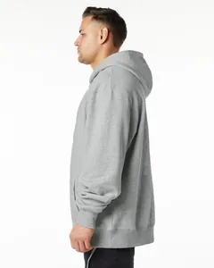 Side view profile of a heavyweight grey oversized hoodie for men with warm fleece lining
