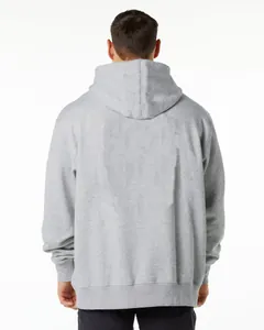 Back view of a men's heavyweight grey fleece hoodie showing loose fit and hood design