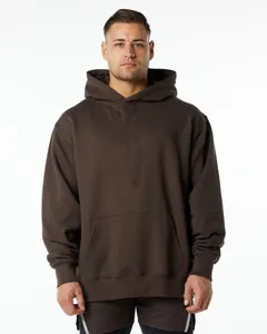 Front view of men's heavyweight brown loose fit hoodie with hood and front pocket