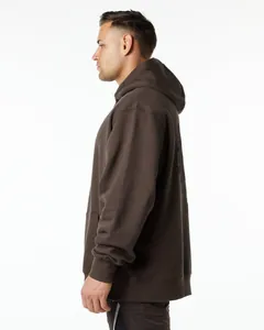 Side view of heavy dark brown oversized men's fleece hoodie showing clean fit.