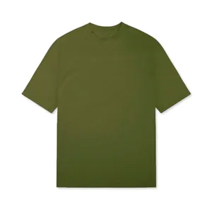 Detail shot of olive green loose fit cotton t-shirt with side split hem design