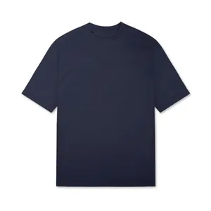 Front detail of a navy blue oversized men's cotton t-shirt with a classic crew neck.