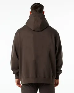 Rear view of men's heavyweight oversized brown pullover hoodie with soft fleece lining