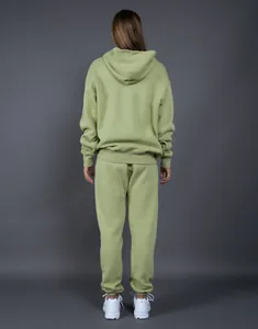 Back view of olive green oversized fleece hoodie and sweatpants two-piece set.