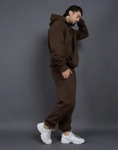 Oversized dark brown 400g heavyweight hooded fleece tracksuit set for men and women