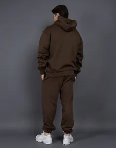 Back view of premium brown heavy fleece hooded sweatshirt and jogger pants set for winter