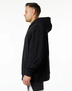 Side profile of a men's heavy black oversized fleece hoodie for casual sportswear