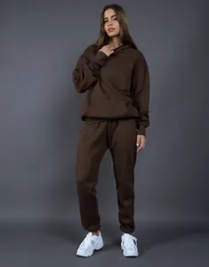 Premium oversized dark brown fleece hoodie and sweatpants two-piece set for winter