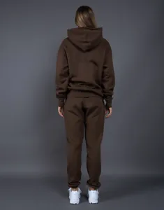 Back view of chocolate brown oversized fleece hoodie and matching sweatpants set.