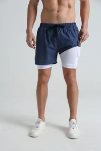 Men's double-layer sports shorts featuring phone pocket and elastic drawstring waist
