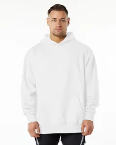 Professional studio shot of a white heavyweight pullover hoodie with front pocket