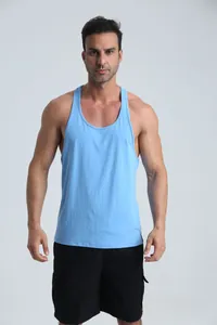 Front view of men's light blue breathable racerback tank top for gym and sports