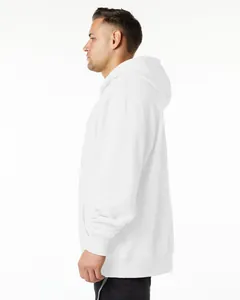 Side view of a men's heavyweight white fleece pullover hooded sweatshirt in loose fit.