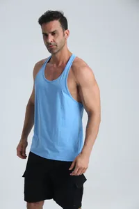 Close-up of a men's breathable blue racerback athletic tank top for gym and fitness