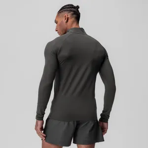 Back view of men's olive grey compression long sleeve top for athletic fitness training