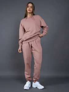 Conjunto de dos piezas de sudadera de cuello redondo y pantalón rosa para mujer