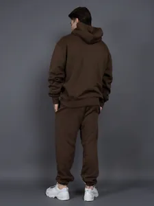 Rear view of premium 400G heavyweight fleece hoodie and matching sweatpants set in dark brown