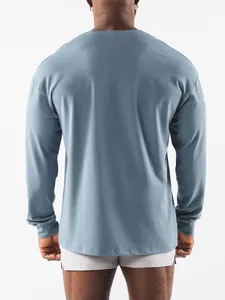Herren Sport-Langarmshirt in Staubblau, Rückansicht, lockere Passform für Fitness und Alltag.