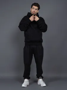 Unisex Fleece Lined Hooded Sweatshirt And Sweatpants Set Casual Solid Color Loose Pullover Top And Bottom Tracksuit