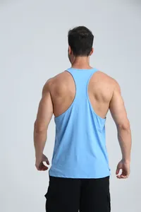 Back view of a light blue athletic stringer tank top for men's fitness and gym training