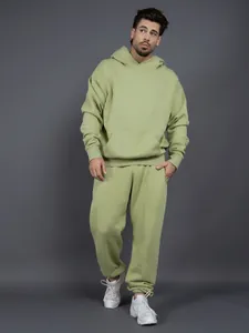 Unisex heavy cotton fleece tracksuit hoodie and sweatpants set in light lime green