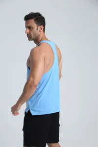 Back view of a mens breathable light blue racerback sports vest for fitness training