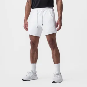 Detailed side view of men's white breathable athletic shorts featuring a drawstring waistband