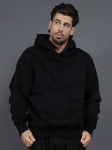 Premium oversized black hoodie for men with loose American fit and warm 400g fleece lining