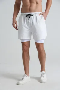 Detailed full view of white men's double-layer athletic shorts with quick-dry fabric