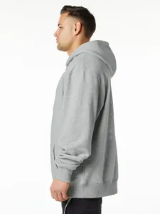 Men's heavy fleece grey hoodie in loose fit, professional side view profile shot on white