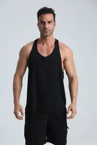Front view of professional men's black racerback tank top for fitness and outdoor sports