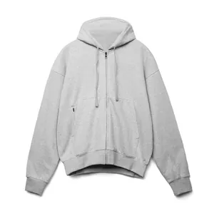 Full front view of a heather gray zip-up hooded sweatshirt with a clean minimalist aesthetic