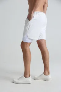 Side view of white men's 2-in-1 sports shorts featuring mesh lining and elastic waistband